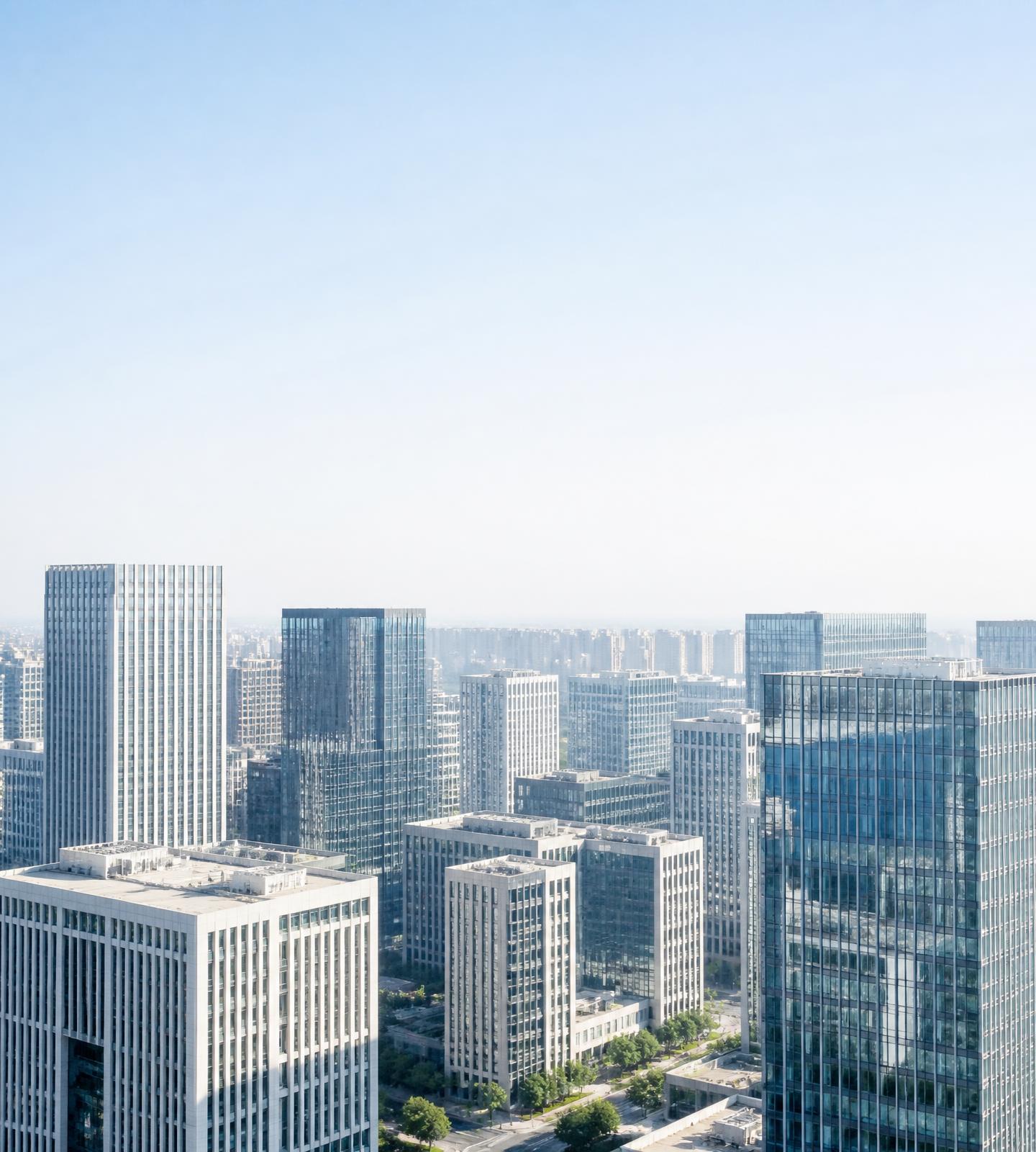 Bright aerial view of a generic modern city of glass office towers